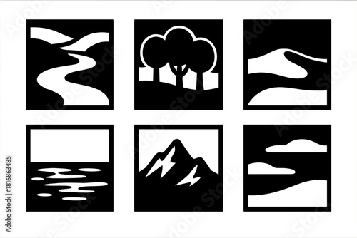 Bold Landscape Icons. Soothing Landscapes Set silhouette icon set: flowing stream, shaded grove, soft sand dune, reflective water, mountain silhouette, gentle sky
