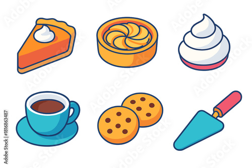 Vibrant Dessert Icons. Dessert Spread flat icons set. pumpkin pie, apple tart, whipped cream, coffee cup, cookies, pie server