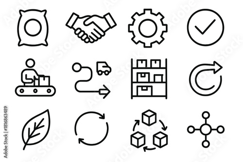 Supply Chain Icons. End-to-End Supply Chain Collection linear icon set: raw material sack, supplier handshake, manufacturing gear, quality checkmark, packaging station