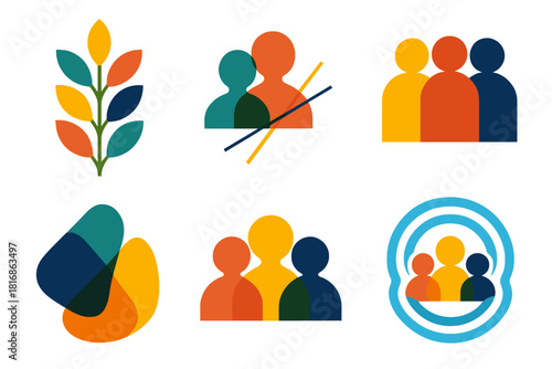 Colorful Silhouette Icons. Diversity flat icon set: colorful sprig set, distinct silhouettes, intersecting lines, mixed texture blocks, diverse form trio, unity ripple