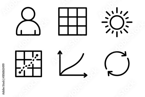 Reinforcement Learning Icons. Reinforcement Learning linear icon set. agent icon, environment grid, reward signal, exploration path, value function graph, policy loop.