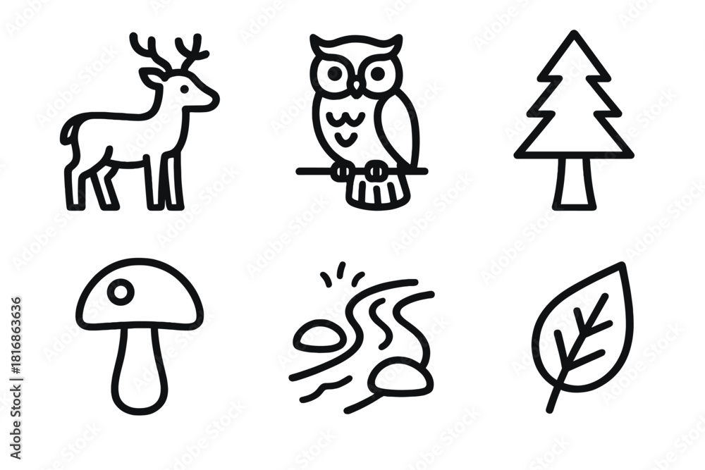 Fototapeta premium Forest Icons Outline. Forest Life linear icon set. deer, owl, pine tree, mushroom, stream, leaf