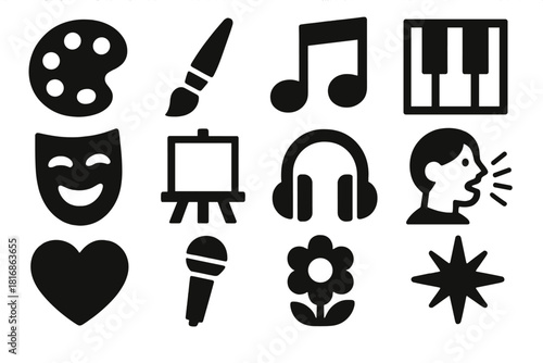 Art & Music Icons. Art & Music Therapy silhouette icon set. paint palette, brush, musical note, piano key, theater mask, canvas, headphones, singing person, heart, microphone