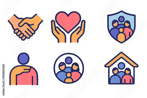 Family Care Icons. Family Care flat icon set: holding hands, shared heart, protective shield, comforting gesture, home warmth icon, family circle, support line, bonding spark