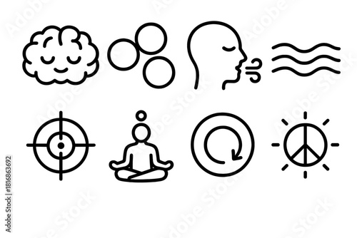Mindfulness Icon Series. Mental Recovery linear icon set: calm brain, clarity bubble, deep breath icon, soft wave, focus ring, quiet moment dot, mental reset arrow, peace glow
