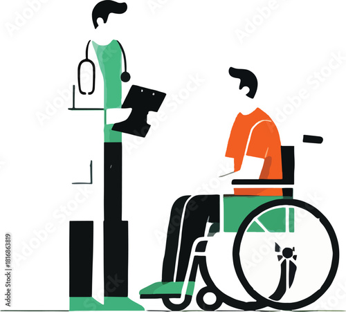 A doctor talking with a patient sitting on a wheelchair