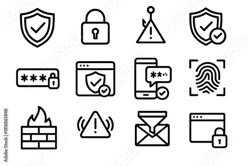 Internet Safety Icons. Safe Internet Practices linear icon set. security shield, privacy lock, phishing alert, antivirus check, secure password, trusted website badge, two-step
