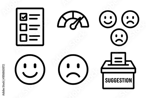 Feedback Survey Icons. Customer Feedback linear icon set. survey sheet, satisfaction meter, happy face, neutral face, sad face, suggestion box.