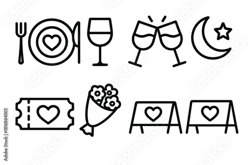 Valentine's Date Icons. Valentine's Day Date Night linear icon set. dinner plate, wine glass, clinking glasses, movie ticket, moon, star, bouquet, reserved sign