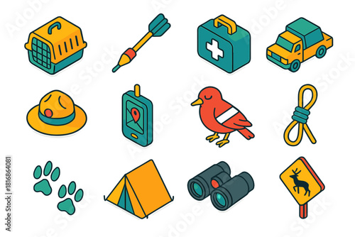 Wildlife Rescue Icons. Wildlife rescue operations flat icons set. animal carrier, tranquilizer dart, medical kit, rescue truck, forest ranger hat, GPS tracker, injured bird, rope