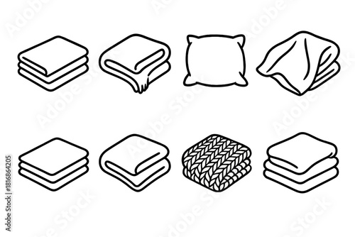 Cozy Fabric Icons. Soft Fabric Layers linear icon set. folded linen, fleece throw, wool cushion, silk blanket, cotton layers, velvet fabric, knitted texture, cozy pile