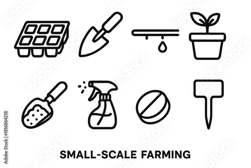 Small-Scale Farming Icons. Small-Scale Farming linear icon set: seed tray, mini trowel, drip line, compact planter, soil scoop, water spritz bottle, nutrient pellet, growth marker