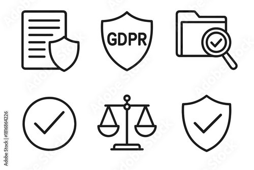 Legal Icons Overview. Compliance and Regulation linear icon set: legal document, shield icon, GDPR symbol, audit file, verified check, regulatory balance
