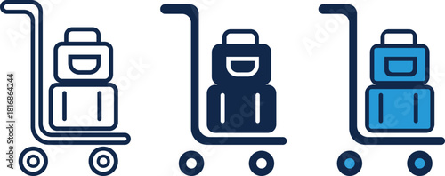 Luggage cart symbol with stacked baggage shown in outline solid and colored designs