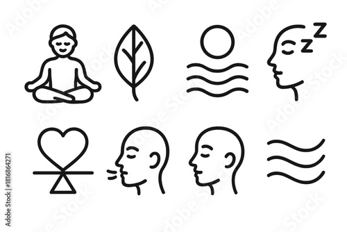Wellness Icon Set. Massage Wellness linear icon set: lotus pose, calm face, herbal leaf, steam lines, warm sun disk, rest icon, heart balance, breath wave