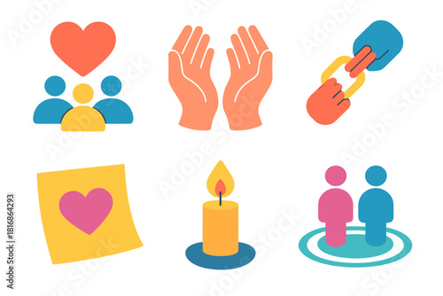 Collective Care Icons. Collective Care Set flat icon set: community heart, open hands circle, support chain, gratitude note, calm light, togetherness ripple