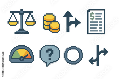 Financial Icons Set. Financial Decision Making Icons Set pixel style icon set: balanced scale, coin stack, choice arrows, budget sheet, risk gauge, question bubble, clarity ring