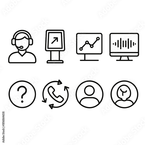 Digital Support Icons. Smart Support Centers linear icon set. operator headset, digital kiosk, analytics chart, monitor screen, voice command, help icon, call routing, customer
