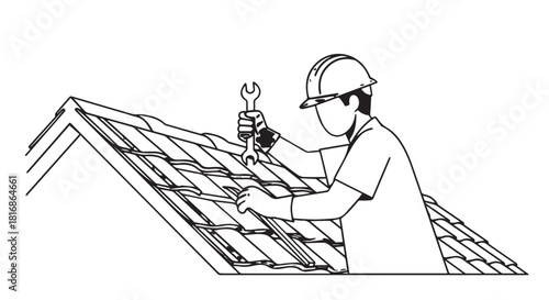 Line drawing of a construction worker installing roof tiles on a rooftop.