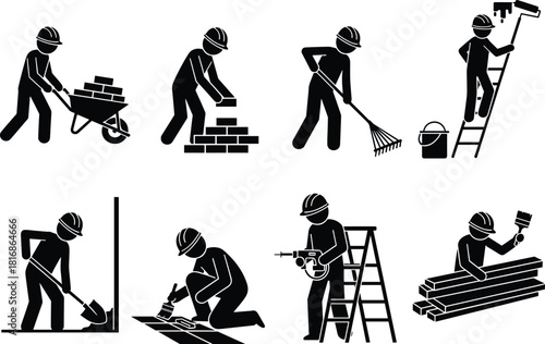 Set of Stick Figures Showing Construction Workers Engaged in Various Building Activities Like Bricklaying, Shoveling, Painting, Tiling, Drilling, and Material Handling Pictogram Vector