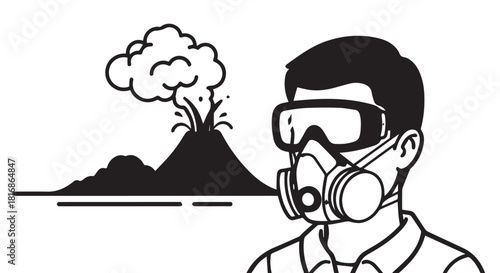 Masked Figure in Volcanic Smoke Portrayed in Environmental Hazard Scene.