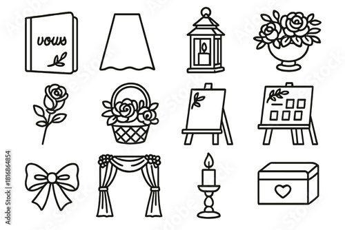 Wedding Ceremony Icons. Wedding Ceremony Props linear icon set: vow book, aisle runner, lantern, table centerpiece, boutonniere, flower basket, welcome sign, seating chart