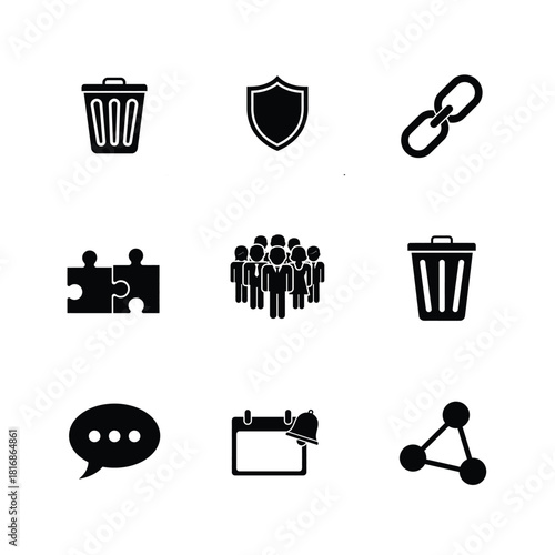 Collection of nine common digital interface icons on a light grid background