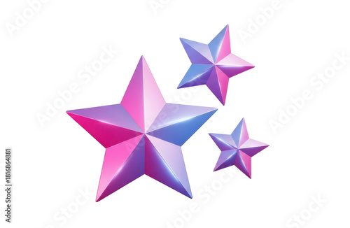 Three dimensional rendering of three glossy, stylized stars in shades of pink and blue, isolated on transparent background