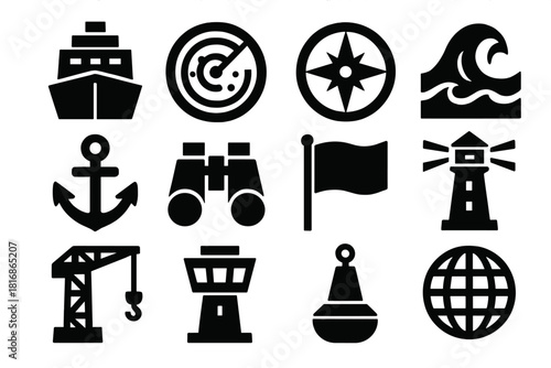 Naval Icon Collection. Naval Operations silhouette icon set: ship, radar, compass, wave, anchor, binoculars, flag, lighthouse, crane, control tower, buoy, globe