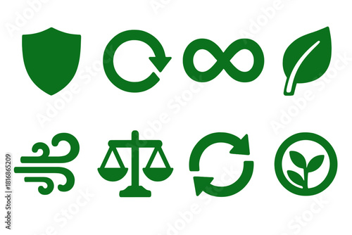 Nature Icon Set. Nature conservation symbols silhouette icon set: green shield, life circle, sustainability loop, harmony leaf, clean air swirl, balanced scale, renewal arrow