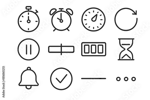 Time Icon Collection. Time Interval linear icon set: stopwatch, alarm clock, timer dial, circular arrows, pause button, timeline bar, digital display, hourglass, reminder bell