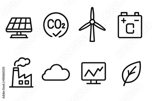Decarbonization Icon Set. Decarbonization Strategy linear icon set. solar cells, carbon neutral icon, wind blades, fuel cell, factory smokestack, cloud, data graph, leaf