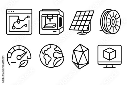 Sustainable Printing Icons. Future of Sustainable Printing linear icon set. AI design interface, modular printer, solar panel, digital filament reel, energy efficiency gauge, eco