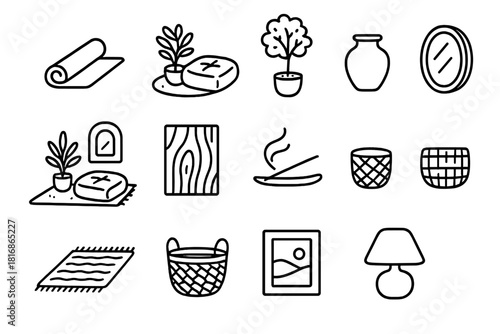 Tranquil Design Icons. Mindful Design Spaces linear icon set: yoga mat, floor cushion, indoor tree, clay pot, tranquil corner, natural textures, incense holder, wall mirror, cozy
