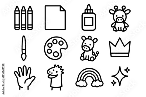 Creative Playtime Icons. Artful playtime linear icon set. crayons, paper, glue, scissors, brush, paint palette, toy animal, crown, puppet, rainbow, sparkle, handprint