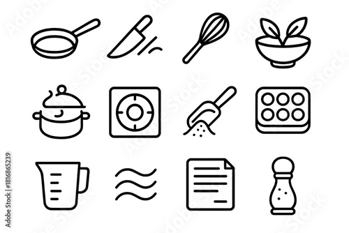 Cooking Icon Elements. Meal-Making Elements linear icon set: skillet icon, chopping motion line, whisk swirl, herb bowl, warm pot lid, stovetop icon, ingredient scoop, baking mold