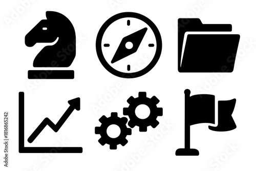 Brutalist Change Icons. Strategic change management silhouette icon set. chess knight, compass, document folder, chart line, gears, flag.