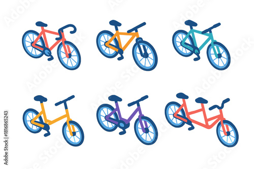Isometric Bicycle Icons. Bicycle Types flat icons set. road bike, mountain bike, hybrid bike, folding bike, e-bike, tandem bike