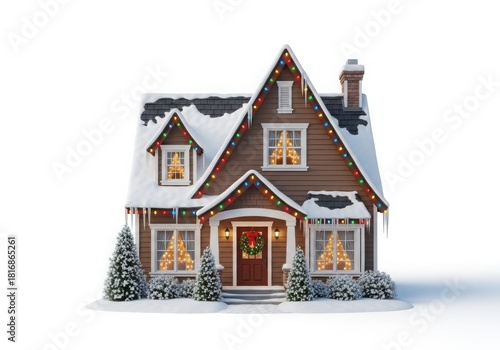 Cozy house decorated for christmas in winter, isolated on white