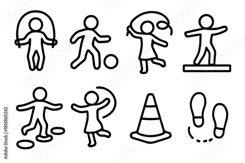 Active Play Icons. Creative Play Activities Movement linear icon set: jump rope, ball, ribbon wand, stepping stones, balance beam icon, dance swirl, obstacle cone, hop icon