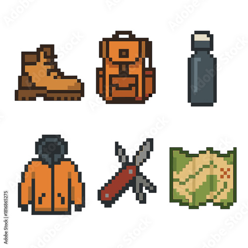 Pixel Art Hiking Essentials. Outdoor Gear Essentials pixel style icon set: hiking boots, durable backpack, insulated bottle, weatherproof jacket, multitool, trail map