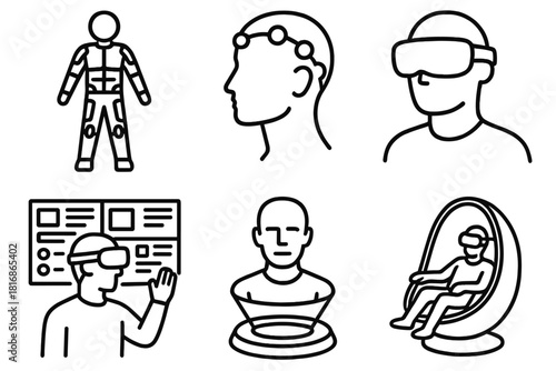 Future VR Tech Icons. Future of VR linear icon set. haptic suit, brain interface, mixed reality headset, virtual workspace, holographic projection, immersive pod.