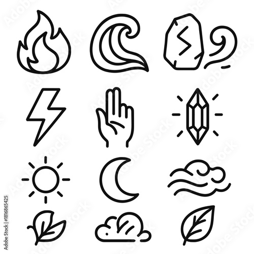 Elemental Icon Collection. Elemental sorcery linear icon set: fireball, water wave, stone rune, wind swirl, lightning bolt, hand gesture, glowing crystal, star, sun, moon, mist
