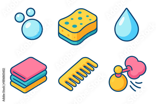 Clean and Fresh Icons. Clean & Fresh flat icons set. bubble, sponge, droplet, towel stack, comb, scent puff