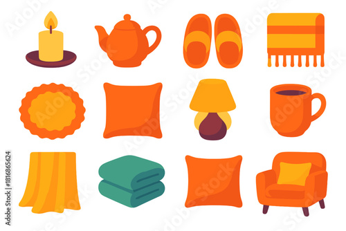 Cozy Home Icons. Home Warmth flat icon set : glowing candle, teapot, slippers, wool throw, plush rug, sofa cushion, glowing lamp, mug of tea, soft drape, folded blanket, warm
