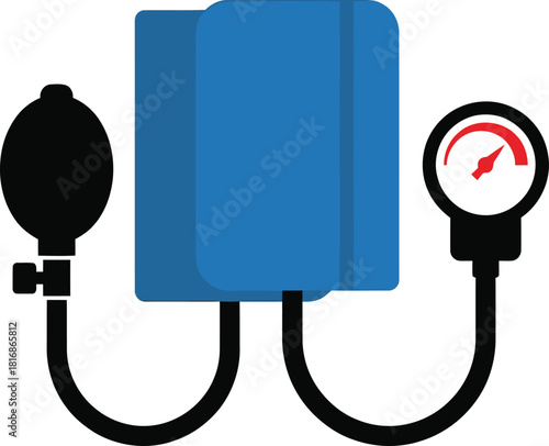 a simple blue illustration of a blood pressure monitor with gauge cuff and bulb on transparent background