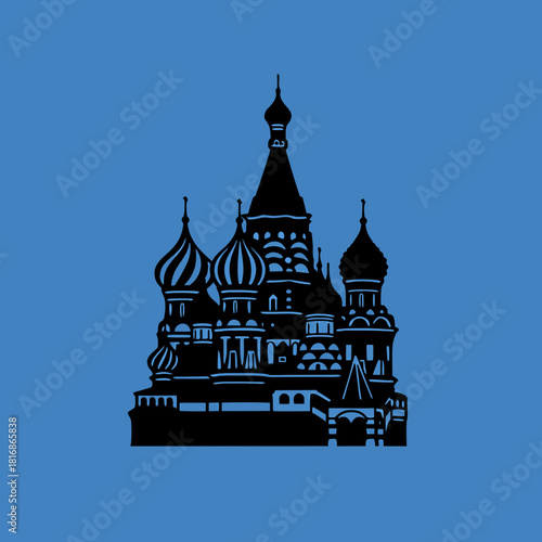 Black silhouette of St. Basil's Cathedral with its iconic onion domes and spires against a solid blue background, representing Russian architecture.