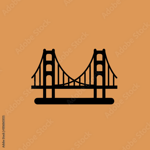 A minimalist graphic illustration of a suspension bridge, possibly the Golden Gate Bridge, in black silhouette on a warm orange background.