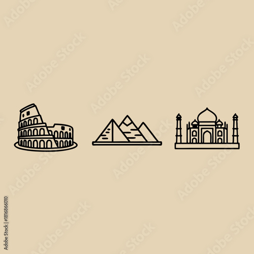 Minimalist line art illustration featuring three iconic world landmarks: the Colosseum, Pyramids of Giza, and Taj Mahal, on a beige background.