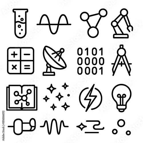 Science Icon Set. Science & Tech Exploration Collection linear icon set: test tube, physics wave, molecule shape, robotics arm, calculator symbols, satellite dish, binary grid